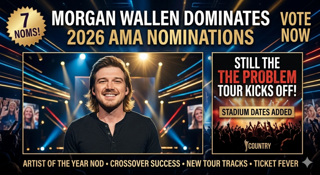 A wide-angle view of a massive stadium concert stage with bright lights and a silhouetted country music performer.