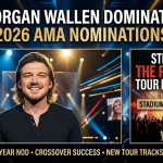 A wide-angle view of a massive stadium concert stage with bright lights and a silhouetted country music performer.