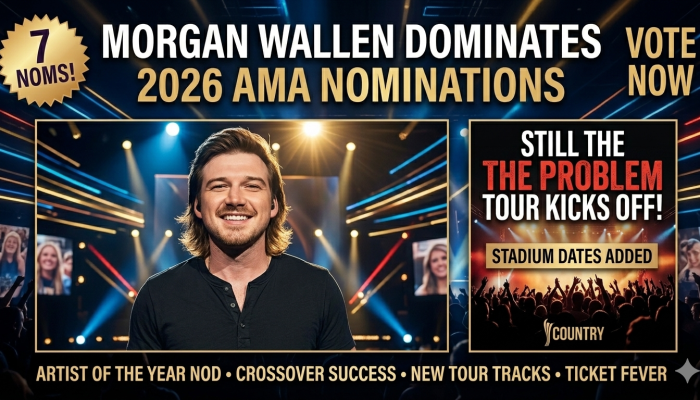 A wide-angle view of a massive stadium concert stage with bright lights and a silhouetted country music performer.