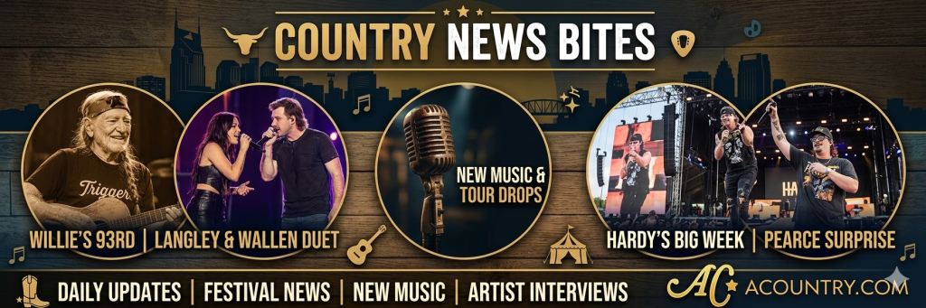 Country News Bites graphic for acountry.com featuring Willie Nelson, Morgan Wallen, Ella Langley, Hardy, and Carly Pearce