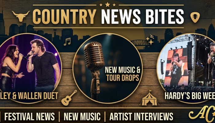 Country News Bites graphic for acountry.com featuring Willie Nelson, Morgan Wallen, Ella Langley, Hardy, and Carly Pearce